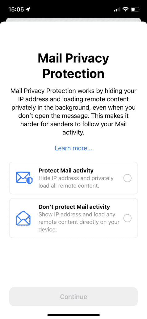 Pop Up Mail Privacy Protection on IOS 15