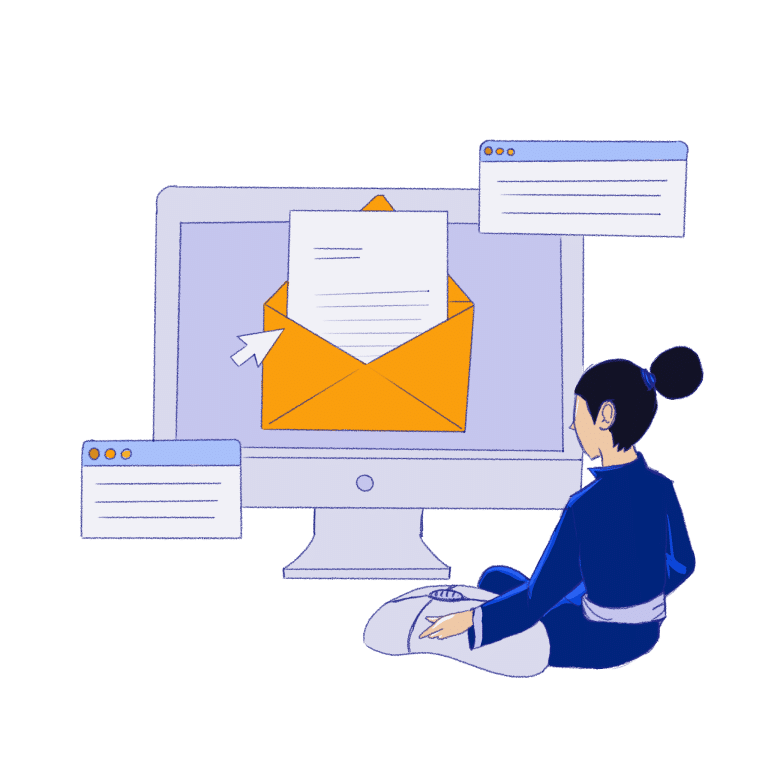 Illustration of a MailSoar spamourai working on an email to improve its deliverability and avoid spam filters.