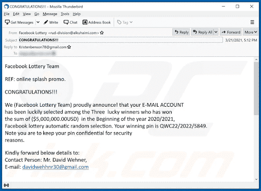 Lottery phishing email