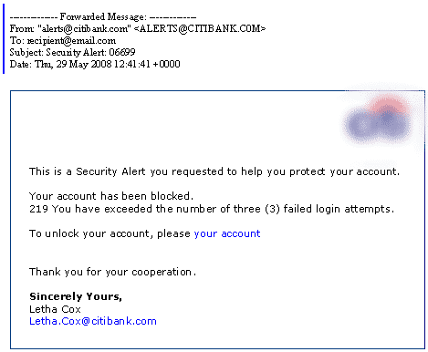Bank phishing email