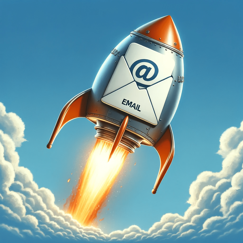 Illustration of a rocket shaped like an envelope with an @ symbol, symbolizing the rapid ascent of an email warmup campaign into successful deliverability.