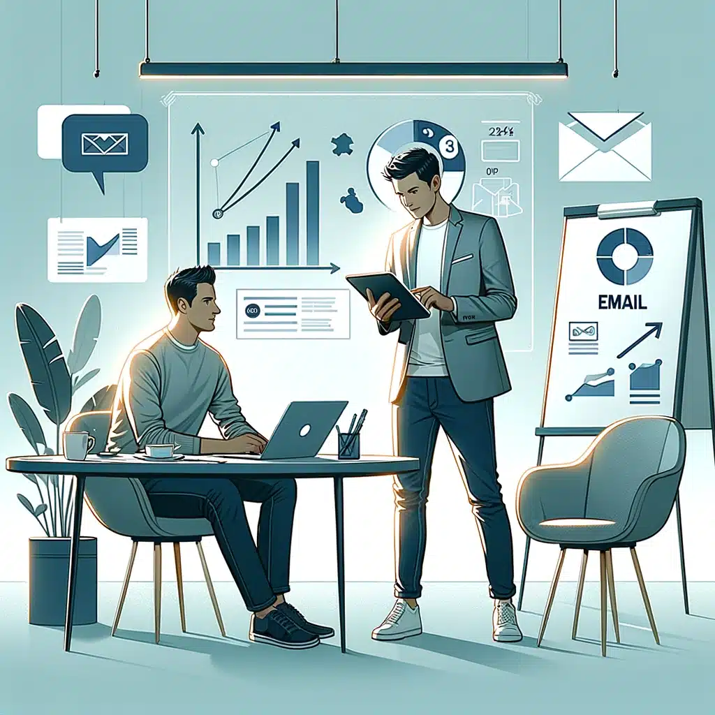 two individuals discussing email marketing. The setting is modern and casual, reminiscent of a startup or marketing agency