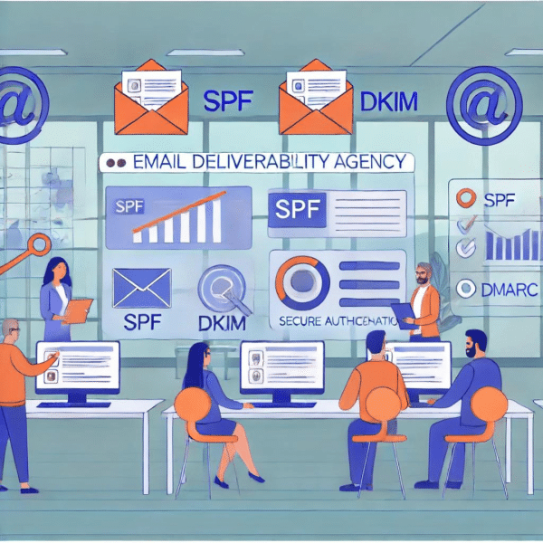 Find out how an email deliverability agency like MailSoar can optimize your email campaigns. The illustration shows an email going through various validation stages, including SPF, DKIM, and DMARC protocols, before reaching the inbox. This image highlights the importance of a well-configured emailing infrastructure and strategic mailing list management to guarantee high deliverability and maximize recipient engagement.