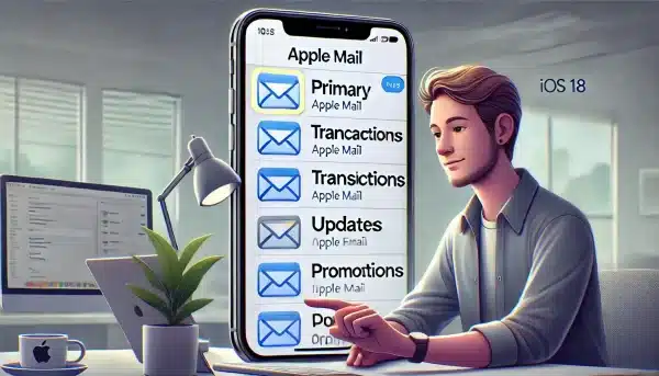 illustrations of Apple Mail's new features with iOS 18. New tabbed organization and AI integration for better email management